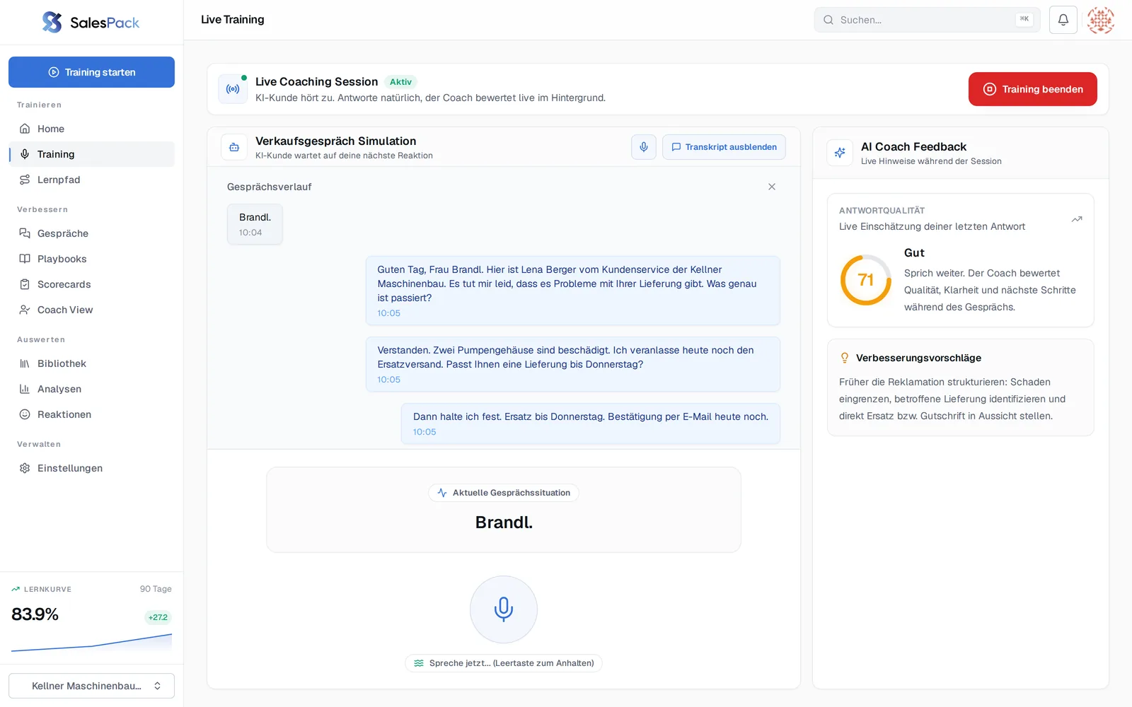 Live training in SalesPack: role play with an AI customer, with the coach showing ratings and suggestions beside it.