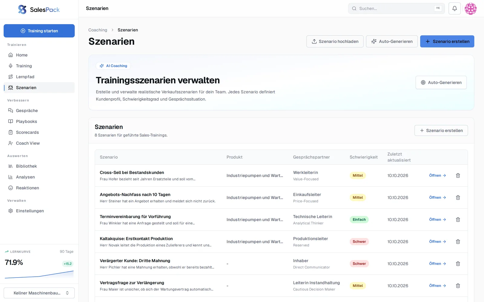 Scenario management in SalesPack: training scenarios with conversation partner and difficulty.